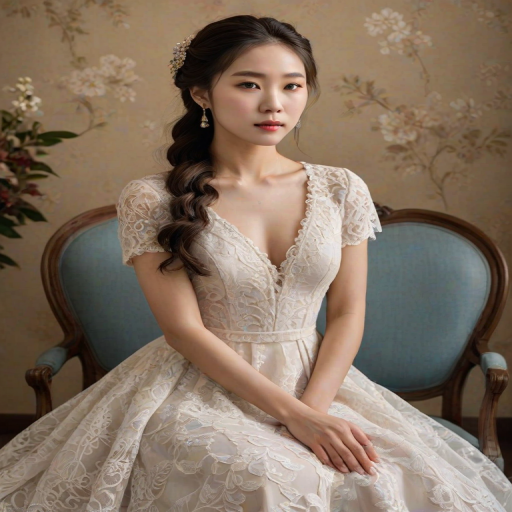 Create a portrait of a refined and elegant Korean woman seated in a sophisticated setting. She has long, wavy hair styled in two thick braids that are pulled over her shoulders. She wears a white, lace gown with intricate patterns, featuring a deep V-neckline and short sleeves. The dress exudes a vintage charm with its delicate lacework. She is adorned with ornate, dangling earrings that add a touch of glamour to her appearance. The background is softly lit, with warm, ambient lighting that creates a cozy and inviting atmosphere. Her expression is poised and serene, capturing a sense of grace and elegance.