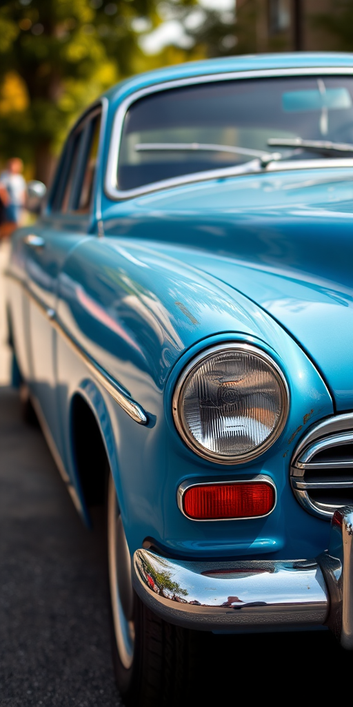 photograph of a vintage blue Opel Kapitan car, 35mm lens, f/4 aperture, ISO 100, shot in natural lighting, from a low angle with a slight tilt for dynamic perspective, captured using a DSLR camera with a wide color profile for enhanced vibrancy