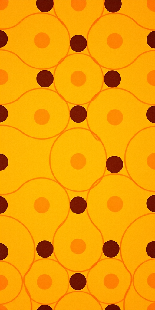 Create a vibrant retro pattern featuring overlapping circular shapes in shades of yellow, orange, and brown, taken with a Canon EOS R5, 50mm lens, f/2.8 aperture, ISO 100, shot from a top-down perspective in studio lighting for enhanced detail and clarity.