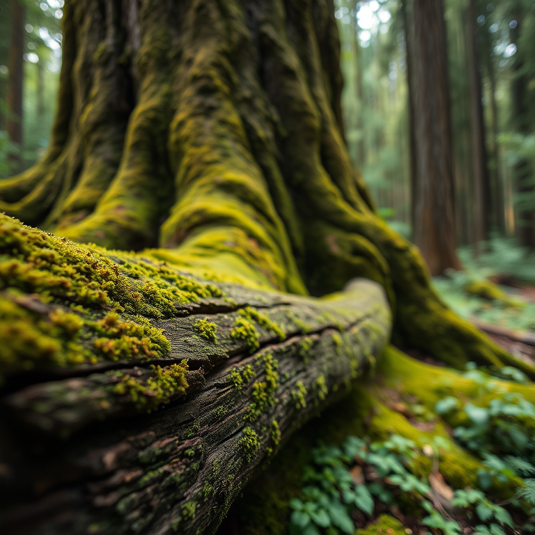 capture a close-up of a large, moss-covered tree trunk with a fallen log in a lush forest setting, use a DSLR camera with a 50mm f/1.8 lens, aperture f/8.0, ISO 200, and a shallow depth of field to enhance the textures of the bark and foliage while keeping the background softly blurred