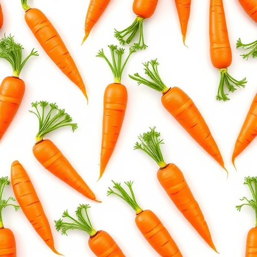 Create a seamless pattern of hand-drawn carrots with green tops on a white background, using a Canon EOS 5D Mark IV, Aperture f/8, ISO 100, 50mm lens, top-down view, flat lay style to enhance clarity and color contrast.