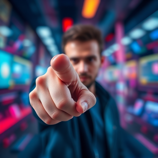 Generate an image of a person pointing towards the viewer with a blurred abstract background featuring vibrant colors resembling a tech theme, using a Canon EOS R5, 50mm lens, f/1.8 aperture, ISO 100, 1/200s shutter speed, captured from a low angle in portrait orientation.