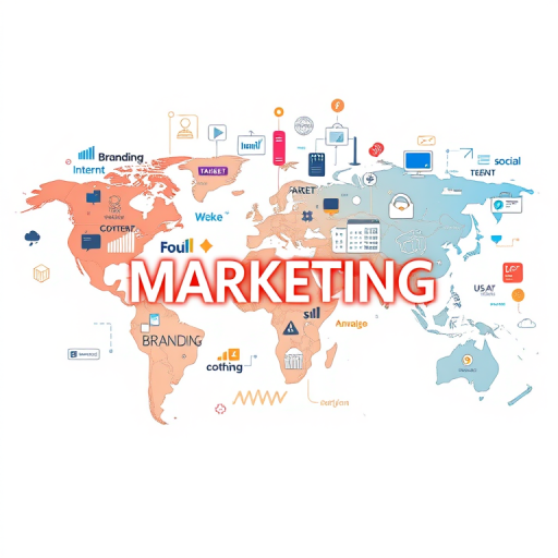 Create a high-resolution digital marketing illustration featuring a world map with keywords like branding, advertising, internet, social media, content, target, analysis, and product, captured with a Canon EOS R5 camera at aperture f/8, shutter speed 1/125 sec, ISO 100, wide-angle view, and vibrant colors.