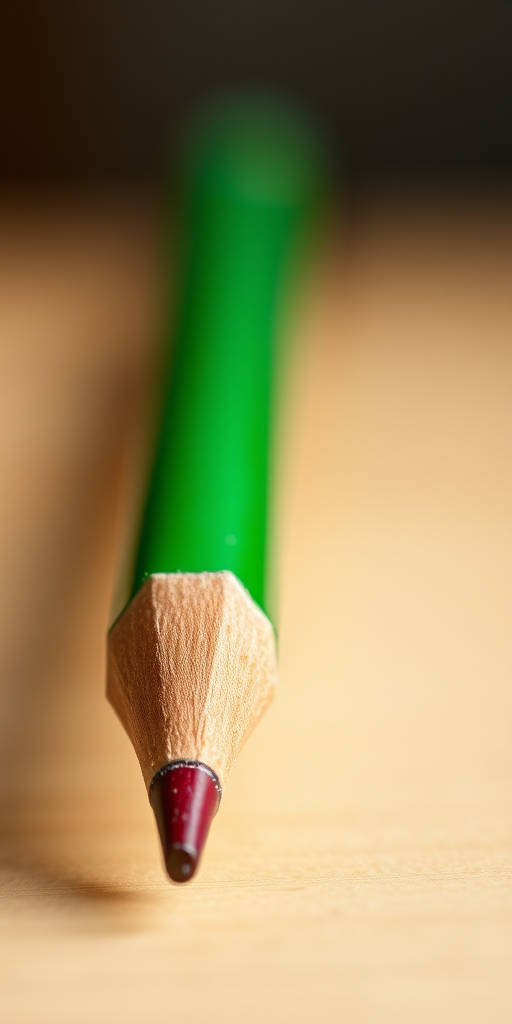 A vibrant green pencil with a red eraser and a sharpened tip, captured in high resolution with a Nikon D850, 50mm lens, f/2.8 aperture, ISO 100, soft diffused lighting, focus on the pencil with a blurred background to enhance visibility and detail.