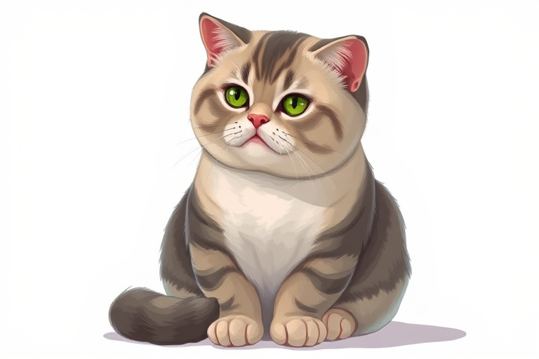 Create a detailed illustration of a Scottish Fold cat sitting gracefully, with a focus on its unique features like round face and folded ears, using a soft color palette; settings: ISO 100, aperture f/2.8, shutter speed 1/250s; view: close-up; style: realistic; type: digital painting.