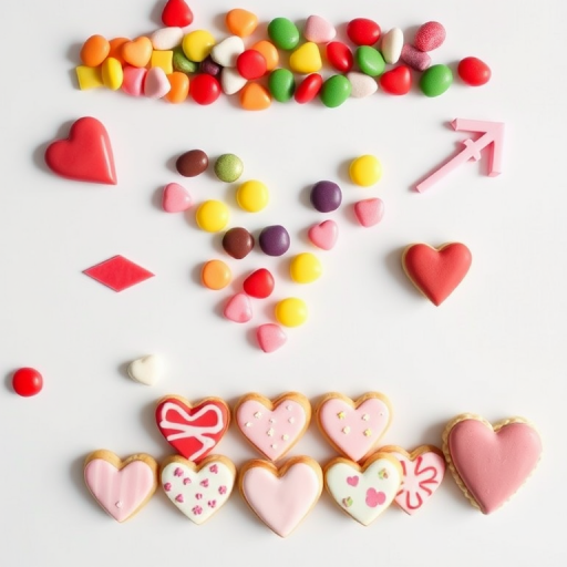 A flat lay of colorful candies in a heart-shaped arrangement, two decorative arrows, and a row of various frosted heart-shaped cookies on a clean white background, taken with a DSLR camera at f/2.8 aperture, ISO 100, 50mm lens, natural soft lighting for enhanced clarity and detail.