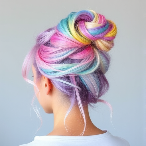 Whimsical pastel rainbow unicorn hair styled in a high messy bun with wispy tendrils, showcasing a kaleidoscope of soft hues blending seamlessly