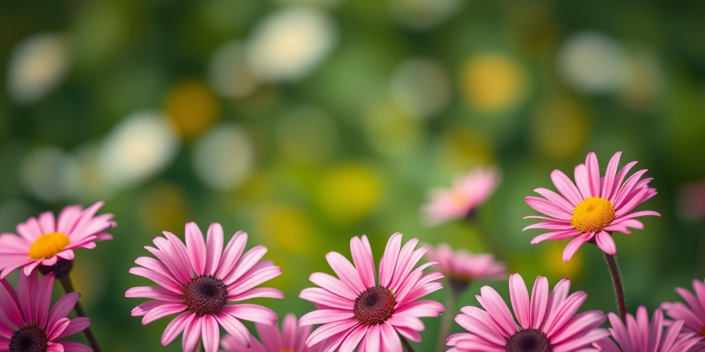 Regenerate a vibrant floral frame featuring pink daisies, with a soft focus background, using a DSLR camera, aperture f/2.8, focal length 50mm, ISO 100, and a close-up view to enhance detail and color saturation.