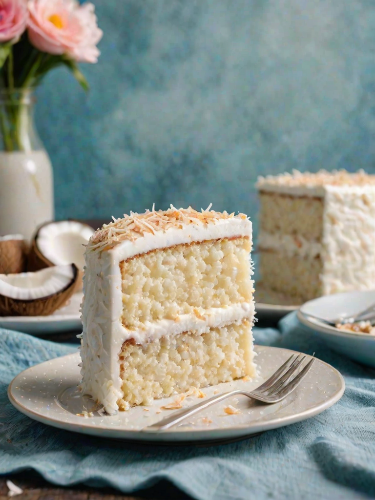 Generate an image of a slice of white coconut cake on a speckled plate. The cake has layers filled with cream and is topped with a generous amount of shredded coconut. In the background, there is a whole coconut cake displayed on a pedestal stand, with a soft blue cloth underneath. The lighting is bright and inviting, emphasizing the cake's texture and freshness.