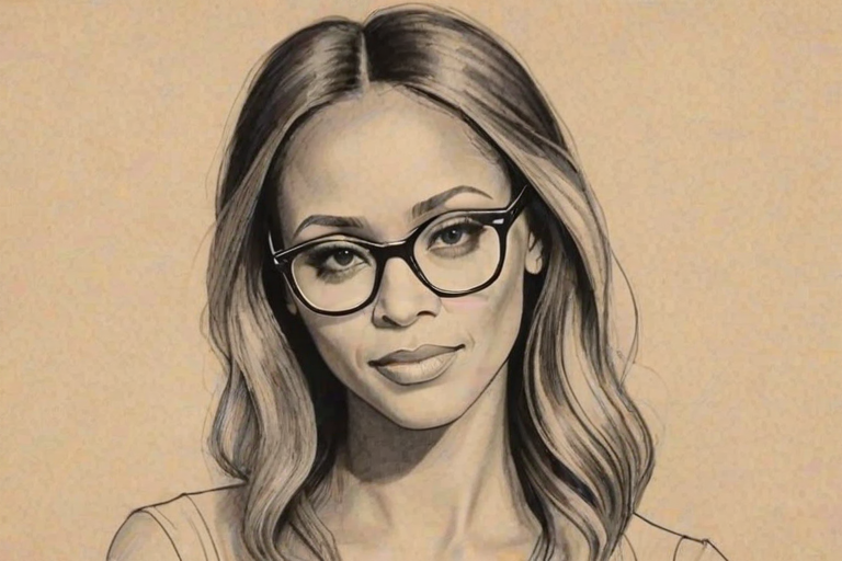 Exquisite Melanie Brown, pencil sketch, portrait of Appealing woman 1923s in glasses, hair style beatnik, outline, clear lines, fine lines, 8k