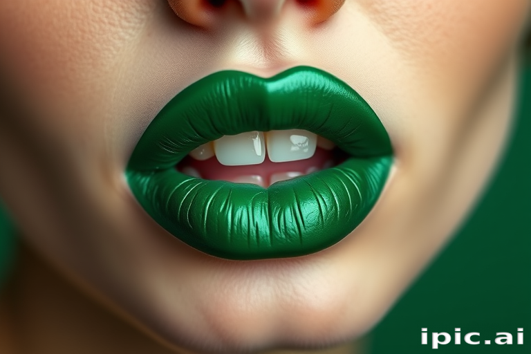 Enchanting emerald green lips captivate with their rich jewel tone, boasting a satiny finish that adds depth and intrigue to the unusual color