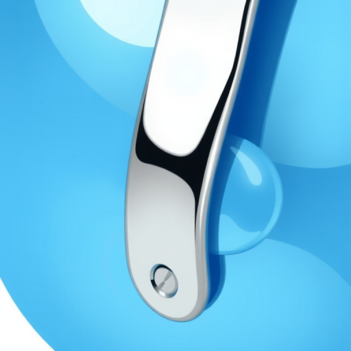 Create a vector illustration of a blue oval-shaped object with a silver handle, using a high-resolution setting, close-up view, soft focus, and digital art style to enhance the image quality.