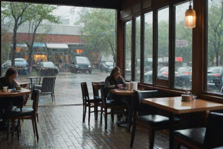 Quiet cafe in a rainy city, with patrons sipping coffee and reading, while raindrops streak down the large glass windows.