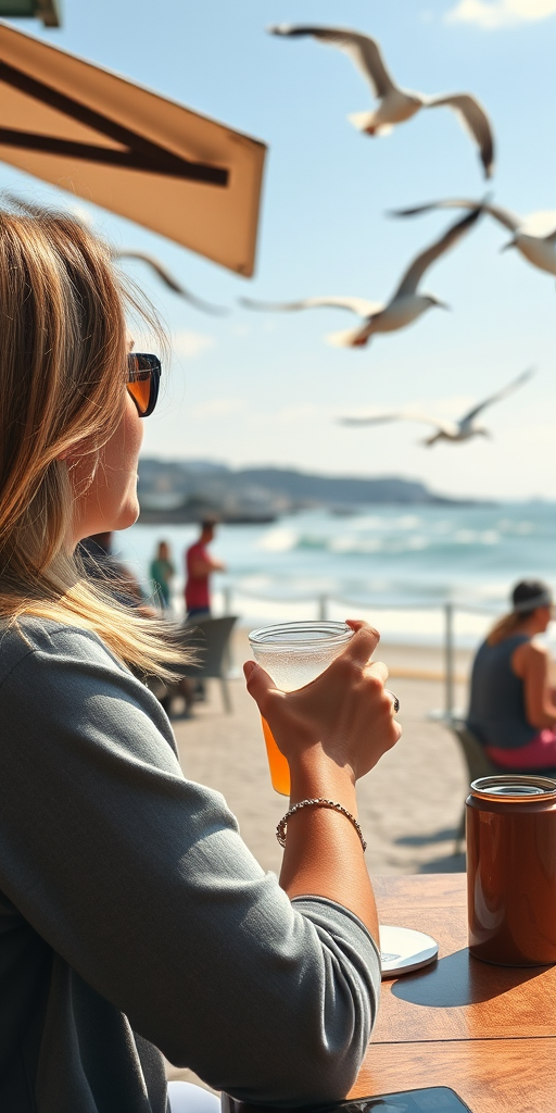 Woman sitting at a cafe in a coastal town, the distant sound of waves crashing, as she sips a cold drink and watches seagulls fly overhead.