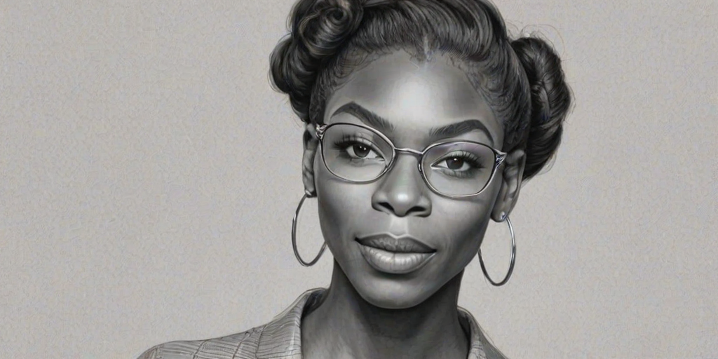 Radiant Michaela Coel, pencil sketch, portrait of Elegant woman 1937s in glasses, hair style beatnik, outline, clear lines, fine lines, 8k