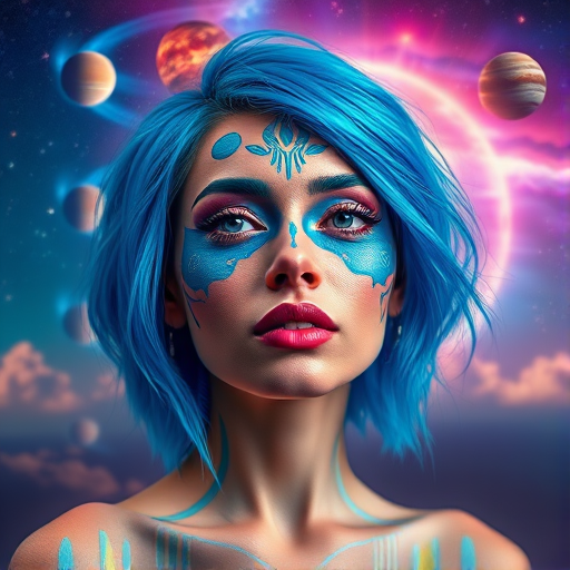 create a vibrant portrait of a woman with blue hair and artistic face paint, cosmic background with planets and colorful clouds, use a Canon EOS R5 with 50mm f/1.2 lens, aperture f/2.8, ISO 100, 1/125s shutter speed, shot from a medium close-up angle, in high dynamic range style for enhanced image quality