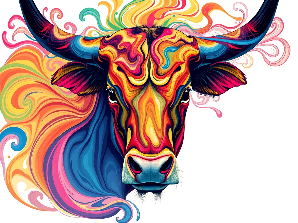 Create a vibrant, abstract illustration of a bull with swirling patterns and colors, shot using a Canon EOS R5, 50mm lens, f/1.8 aperture, ISO 100, in soft natural light with a focus on intricate details and high contrast.