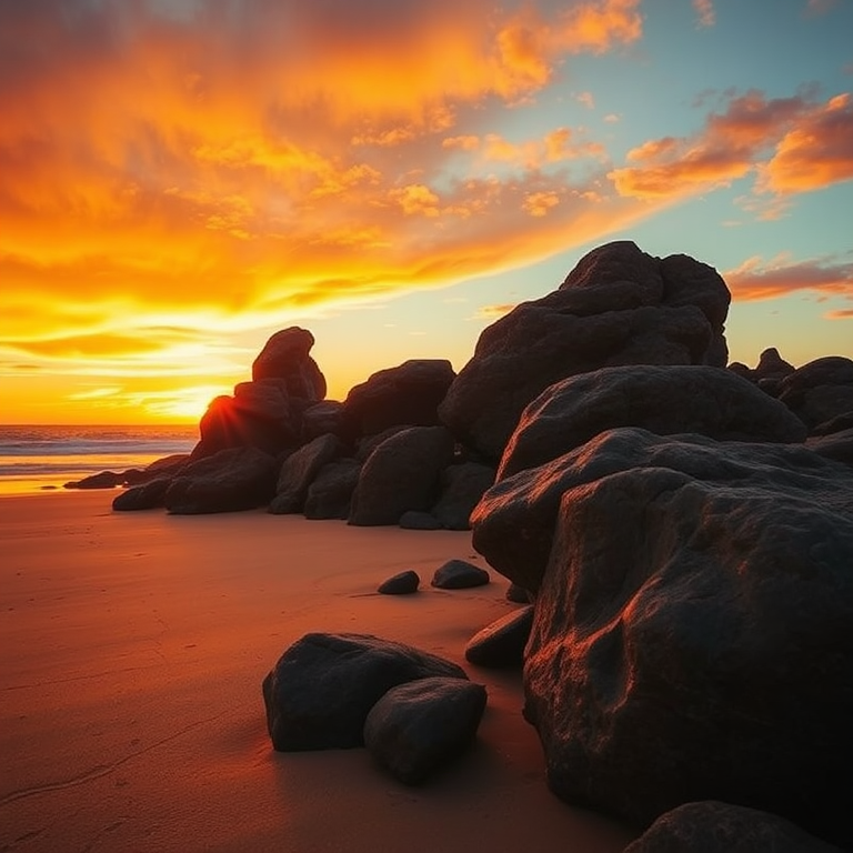 sunset over a beach with large rocks in the foreground, vibrant orange and yellow hues in the sky, calm ocean waves, taken with a Canon EOS 5D Mark IV, 24mm lens, aperture f/11, ISO 100, shutter speed 1/200s, wide-angle view, high dynamic range photography