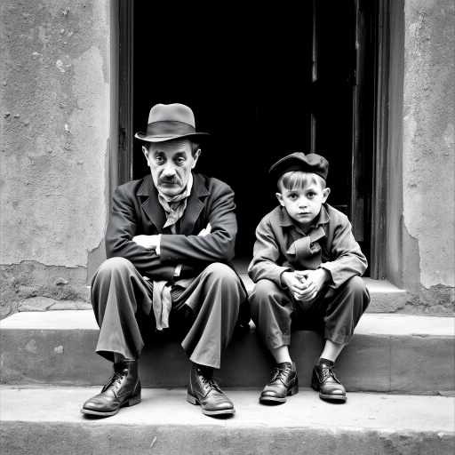 A black-and-white photograph of a man and a child sitting on steps in front of a doorway. The man is dressed as a tramp with a bowler hat, mustache, and ragged clothes, reminiscent of Charlie Chaplin's iconic look. He is sitting with his arms crossed and an expression of slight sadness or frustration. Next to him is a young boy, also in worn clothes and a cap, sitting with his hands clasped, looking thoughtful. The background is an old, textured wall and a partially open door, creating a vintage, early 20th-century atmosphere.