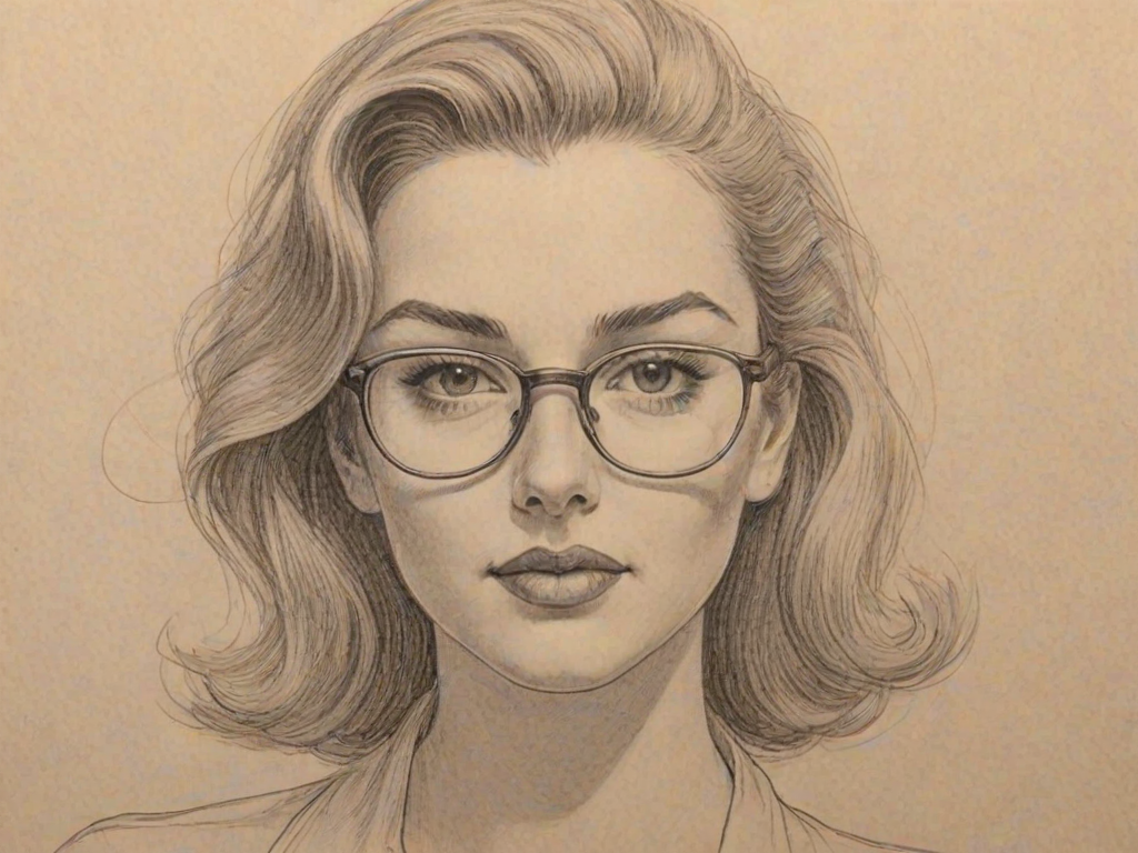 Bewitching Kendall Vertes, pencil sketch, portrait of Graceful woman 1944s in glasses, hair style beatnik, outline, clear lines, fine lines, 8k