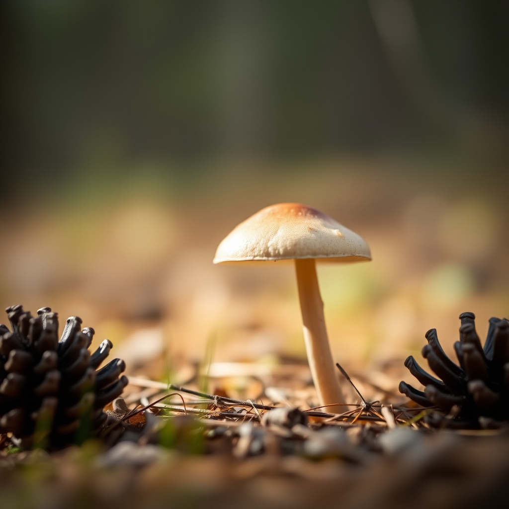 A close-up of a single mushroom in a forest setting, soft natural lighting, shallow depth of field, f/2.8, ISO 100, 50mm lens, DSLR camera, with a slightly blurred background to highlight the mushroom and pine cone.