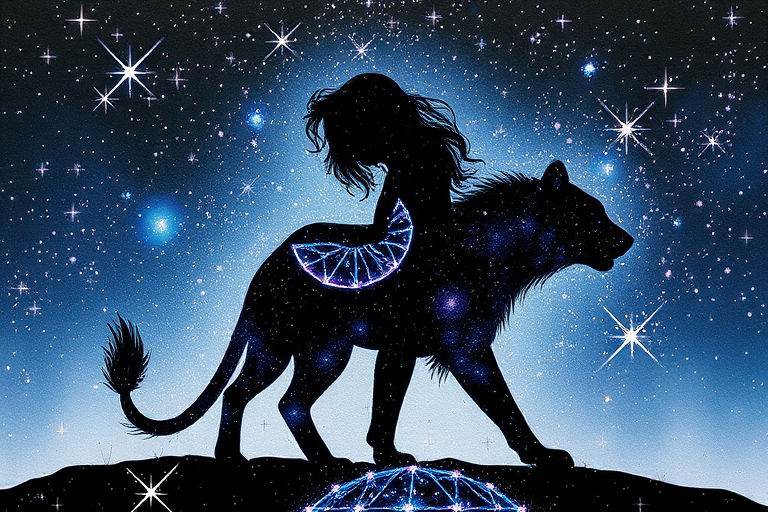Captivating conceptual render alcohol ink art, double exposure, the paint strokes artfully merge combining a woman's full silhouette with a Loping coyote's silhouette. The figures are composed of a series of colored dots, lines & spots that evoke the image of a cosmic galaxy, colors are deep shades of blue purple & black with flashes of white & silver representing distant stars. The woman's silhouette is formed within the lion's silhouette from constellations of scattered stars, surreal