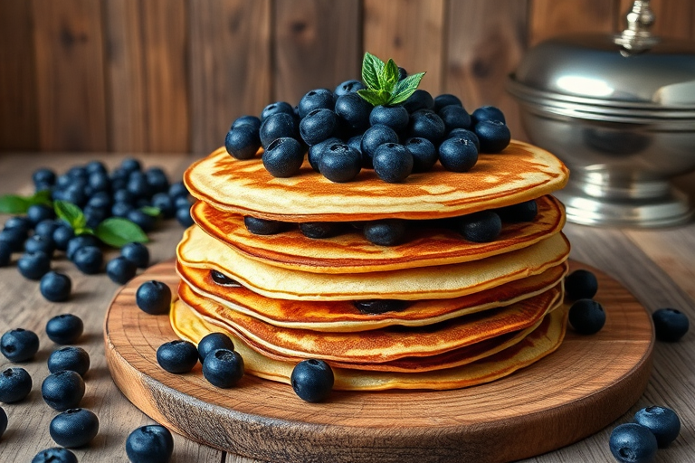 A beautifully layered cake made of thin pancakes with a vibrant blueberry filling topped with fresh blueberries and a small green plant, presented on a rustic wooden table with additional blueberries scattered around. The background features a wooden wall and a silver serving dish, creating a cozy atmosphere.