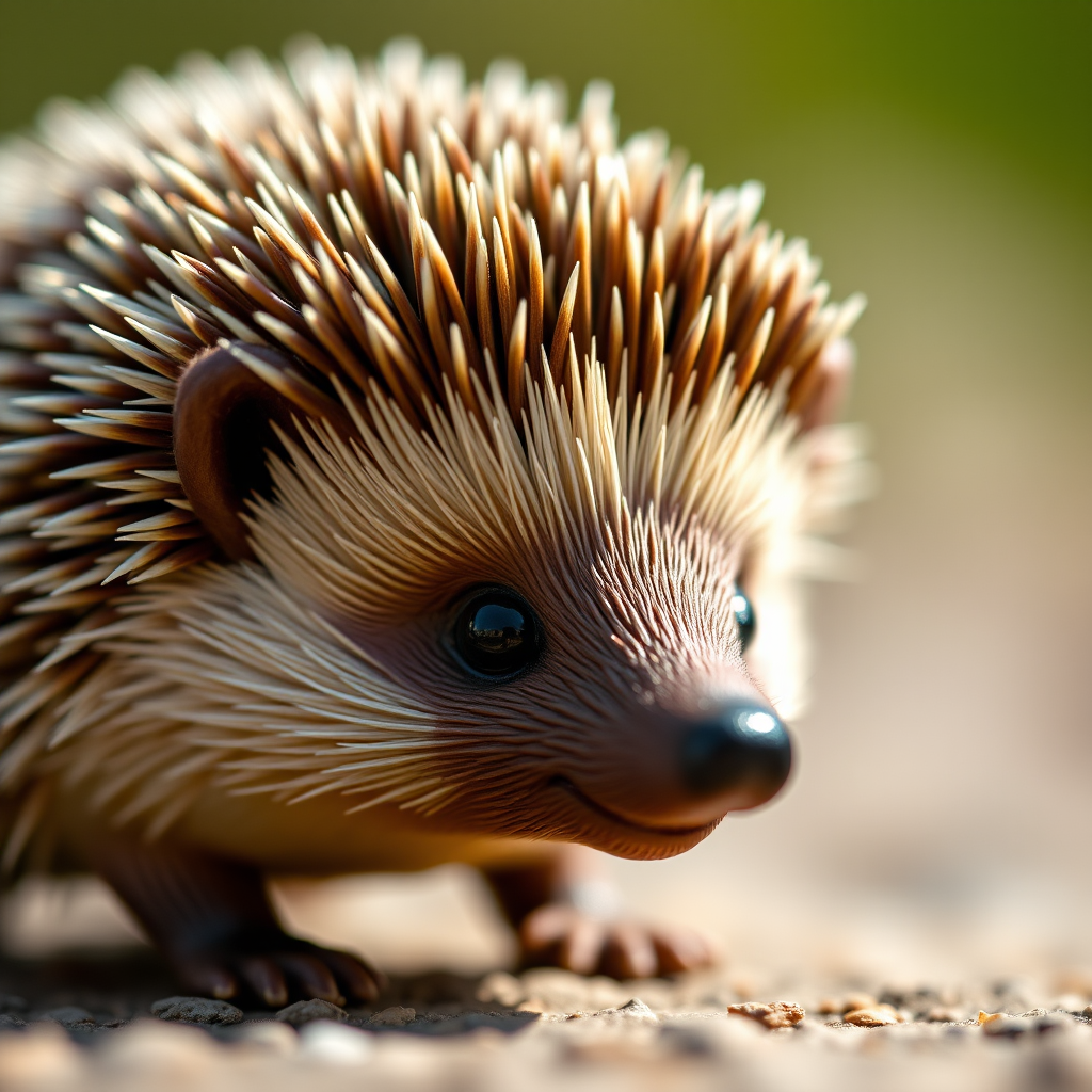 highly detailed close-up of a realistic hedgehog figurine, natural lighting, shallow depth of field, 50mm lens, f/2.8 aperture, ISO 100, DSLR camera, focus on texture of quills and eyes, soft background blur