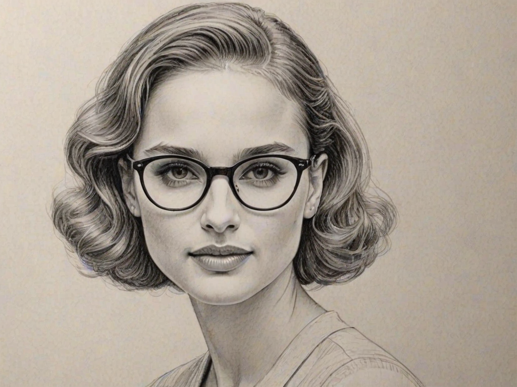 Charming Natalie Portman, pencil sketch, portrait of Graceful woman 1946s in glasses, hair style beatnik, outline, clear lines, fine lines, 8k