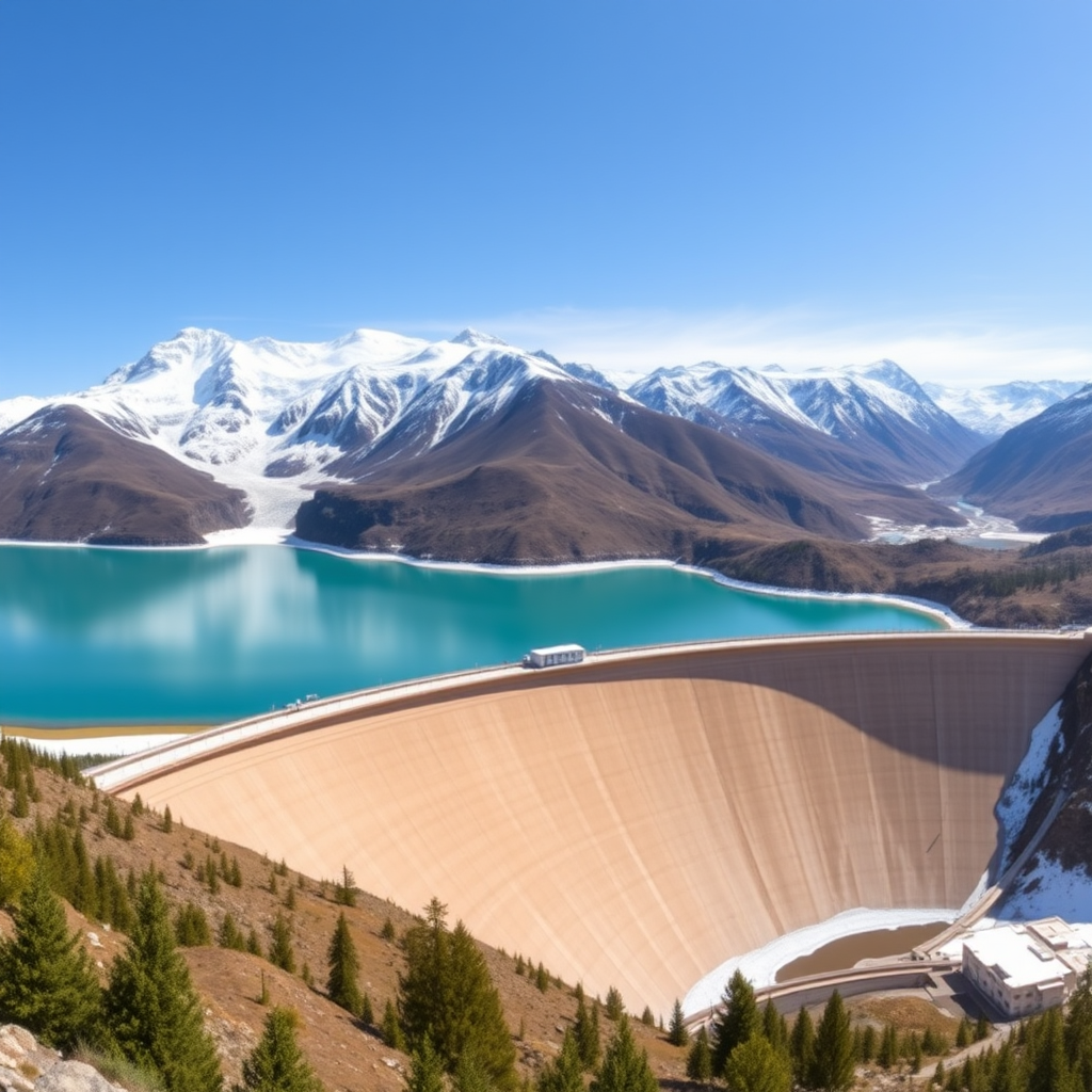 high-resolution panoramic landscape of a snowy mountain range with a serene turquoise lake and a dam in the foreground, captured with a DSLR camera at f/8 aperture, ISO 100, shutter speed 1/200s, in natural daylight with a wide-angle lens for enhanced depth and clarity