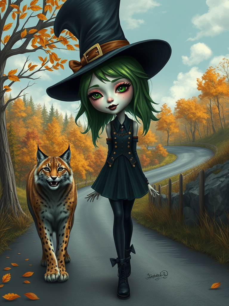 digital art fantasy depicting a strange girl with green hair, long eyelashes, black lipstick and a tall hat walking along a winding road on an autumn afternoon, an Lynx smiles as she passes
