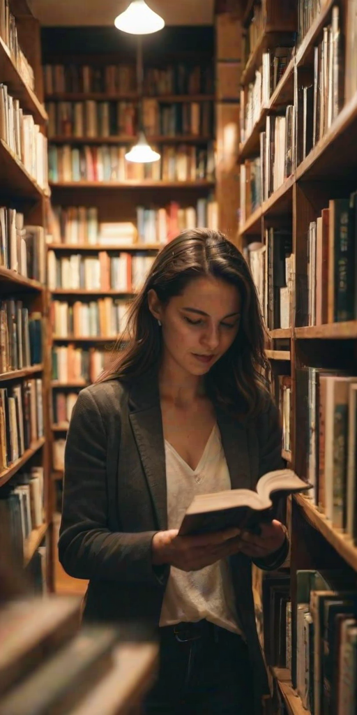 Blurry candid shot of a woman at a cozy bookshop, browsing through shelves of books, sunlight illuminating her face as she flips through a novel, surrounded by other readers.