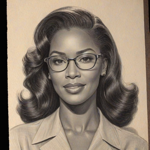 Lovely Kenya Moore, pencil sketch, portrait of Delightful woman 1943s in glasses, hair style beatnik, outline, clear lines, fine lines, 8k