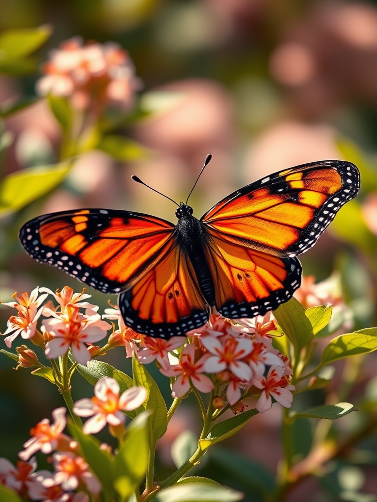 Generate an image of a butterfly perched on delicate flowers. The butterfly should have vibrant orange and black wings, surrounded by lush green leaves and softly blurred floral background. The lighting should be warm and natural, creating a serene atmosphere.