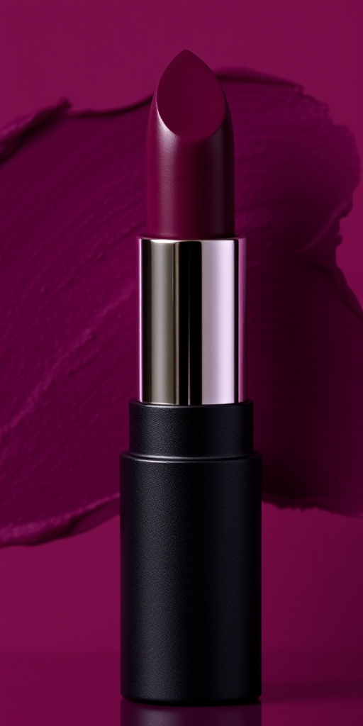 Sultry "Midnight Plum" matte lipstick offering deep, rich pigmentation for a bold statement, enhancing lip fullness while providing a velvety smooth texture that lasts all day