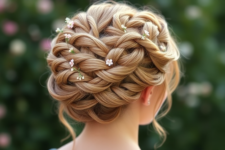 Romantic rose gold updo with intricate braids, called "Blushing Crown," incorporates delicate twists and turns adorned with tiny floral accessories
