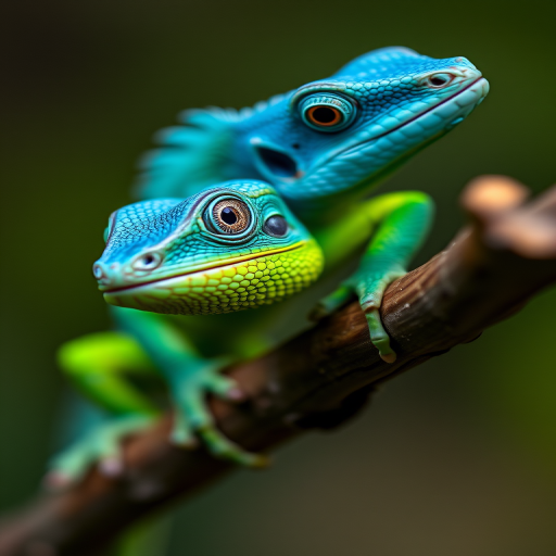 highly detailed close-up of a vibrant blue and green lizard perched on a branch, focus on texture and color depth, shallow depth of field, 50mm lens, f/2.8, ISO 100, natural lighting, DSLR camera