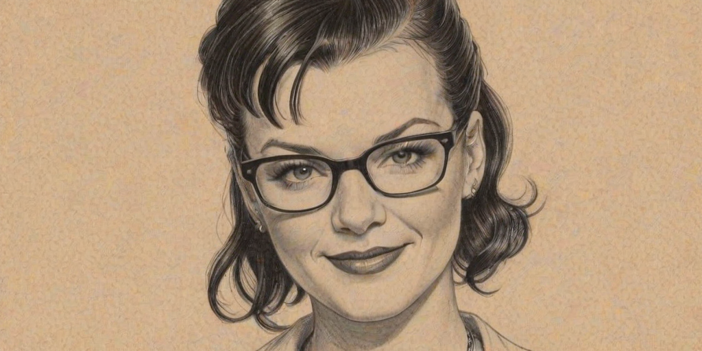 Radiant Pauley Perrette, pencil sketch, portrait of Comely woman 1930s in glasses, hair style beatnik, outline, clear lines, fine lines, 8k