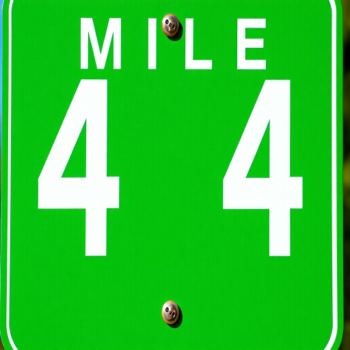 Capture a high-resolution image of a green mile marker sign displaying the numbers 4 and 4 in bold white font, taken with a DSLR camera at f/8 aperture, ISO 100, 50mm lens, daylight setting, and from a straight-on view to enhance clarity and detail.