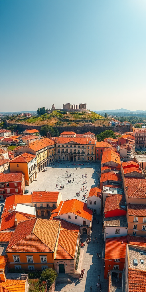 Capture a vibrant aerial view of a historical square surrounded by colorful buildings and a distant hill topped with ruins, using a Canon EOS R5 with a 24mm f/1.4 lens, ISO 200, shutter speed 1/250s, aperture f/8, and a clear sunny day to enhance the image quality and depth.