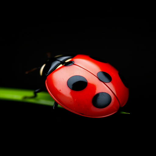 Create a high-resolution vector illustration of a cute ladybug with a red shell and black spots on a black background, using a Canon EOS R5 with an 85mm f/1.2 lens, aperture set to f/2.8, ISO 100, in a soft-focus style to enhance details and vibrancy.