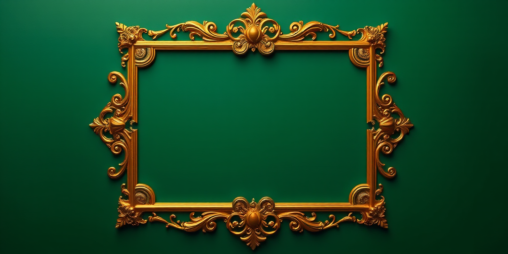 Create a golden ornate frame on a deep green background with a smooth gradient, using a Canon EOS R5 camera, 50mm lens, f/1.8 aperture, 1/60 shutter speed, and ISO 100 for high detail and clarity.