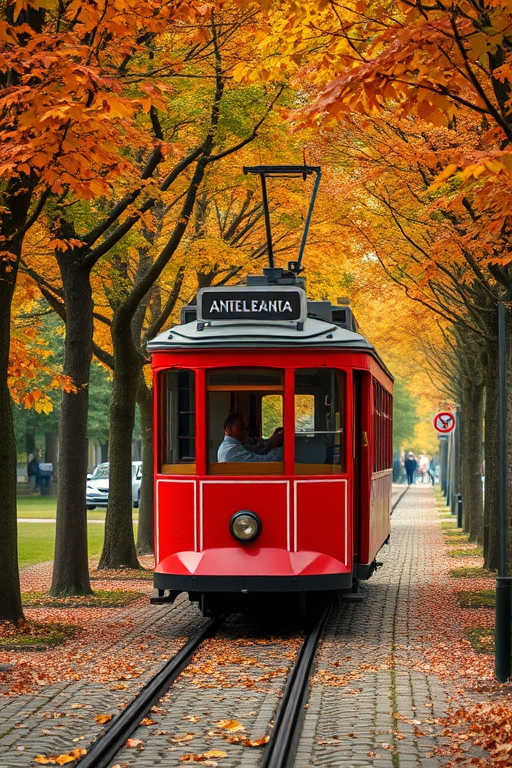 A vintage red tram traveling down a tree-lined path in autumn, with vibrant orange and yellow leaves, narrow cobblestone track, shot with a Canon EOS R5, 50mm lens, f/1.8 aperture, ISO 100, soft focus background for depth.
