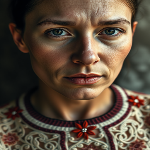 Face, shoulders, chest covered in openwork Druze embroidery. Raw, unedited image.