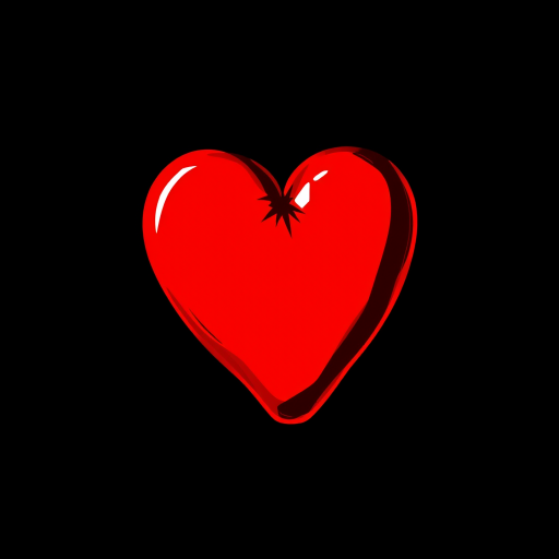 Create a vibrant illustration of a red heart on a solid black background, using a DSLR camera with a 50mm lens at f/1.8 for a shallow depth of field, shooting from a straight-on perspective in natural lighting for enhanced contrast and clarity.