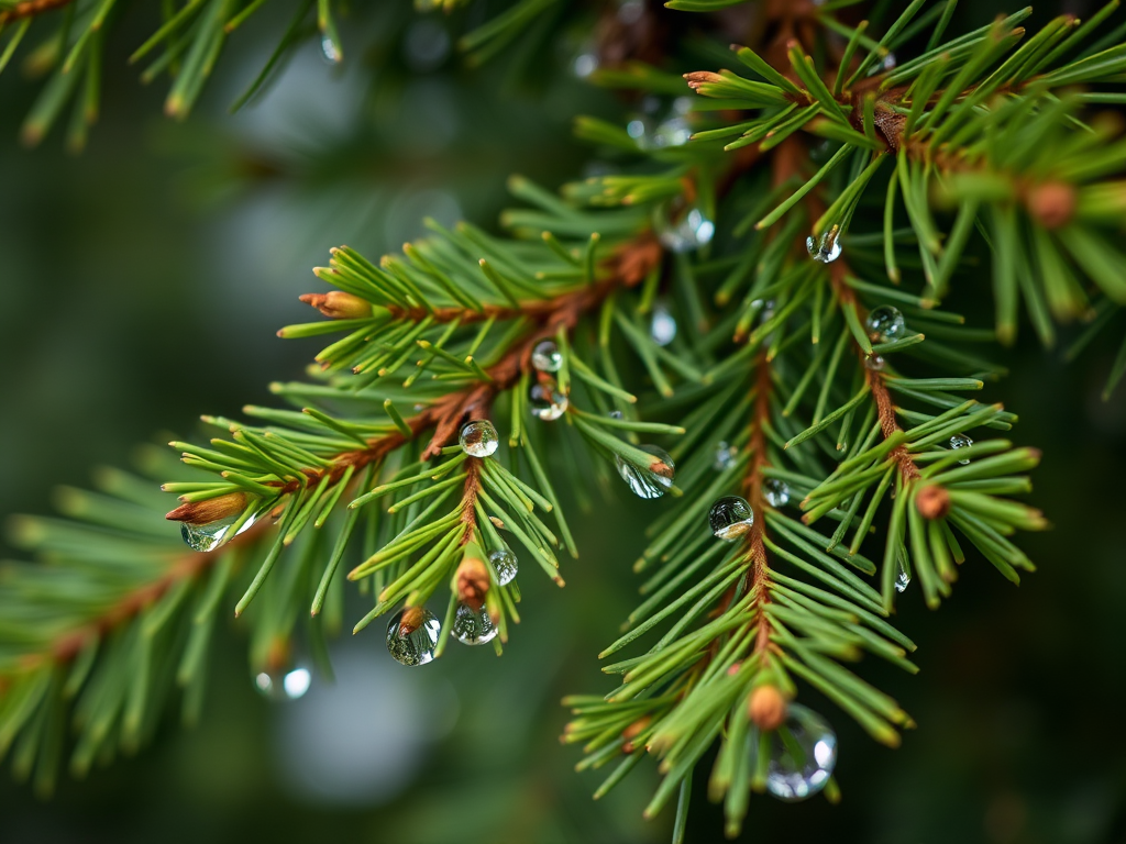 A close-up view of pine tree branches with fresh green needles and water droplets, captured with a DSLR camera, aperture f/2.8, shutter speed 1/250s, ISO 100, soft focus background for depth, enhanced color vibrancy and detail.