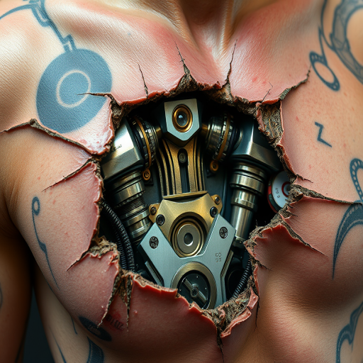 Realistic 3D biomechanical tattoo revealing cybernetic enhancements beneath torn skin, incorporating hyperrealistic textures and metallic sheen for a stunning trompe l'oeil effect