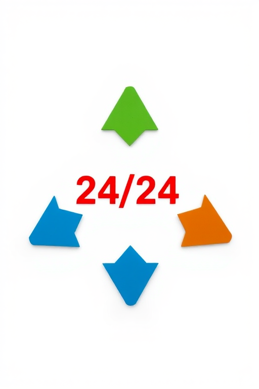 Create a circular diagram with three arrows in blue, green, and orange, featuring the text "24/24" in bold red at the center, captured with a DSLR camera at 50mm, f/2.8 aperture, ISO 100, in a well-lit studio setting.