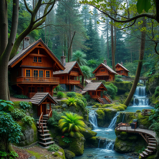 Create a high-resolution image of a stylized forest scene with intricately designed wooden houses nestled among lush greenery and cascading waterfalls, shot with a Canon EOS R5 at f/8, ISO 100, with a wide-angle lens at 24mm, using a soft natural lighting setup for enhanced depth and detail.