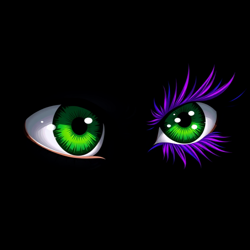 Create a highly detailed illustration of stylized eyes with emerald green irises and vibrant purple eyelashes against a black background, sharp focus, f-stop 2.8, ISO 100, 50mm lens, portrait view, digital art style, high resolution.